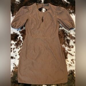 PrettyLittleThing Chocolate Peach Skin Tie Back Puff Sleeve Dress